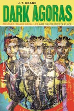 Dark Agoras Abstract art of five people standing against a blue, gold, and red background. The painting is scratched.