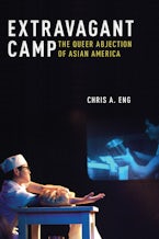 Extravagant Camp Black and white image of a man with his arm wrapped in meat. A projected image shows a woman tipping over a silver pot.